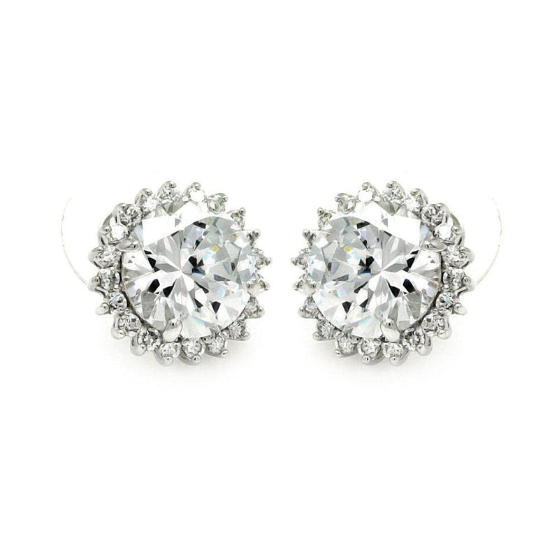 Silver 925 Rhodium Plated Round Center Sun CZ Stud Earrings - BGE00212 | Silver Palace Inc.