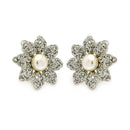 Silver 925 Rhodium Plated Flower CZ Inlay Center Pearl Stud Earrings - BGE00214 | Silver Palace Inc.
