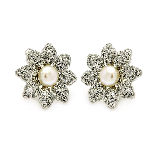 Silver 925 Rhodium Plated Flower CZ Inlay Center Pearl Stud Earrings - BGE00214 | Silver Palace Inc.
