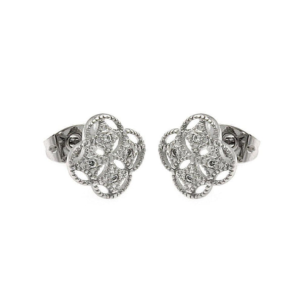 Silver 925 Rhodium Plated Clover CZ Stud Earrings - BGE00250 | Silver Palace Inc.