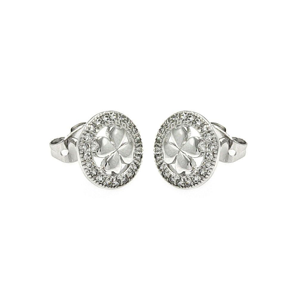 Silver 925 Rhodium Plated Open Circle Clover CZ Stud Earrings - BGE00252 | Silver Palace Inc.