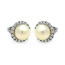 Silver 925 Rhodium Plated Round CZ Center Fresh Water Pearl Stud Earrings - BGE00253 | Silver Palace Inc.