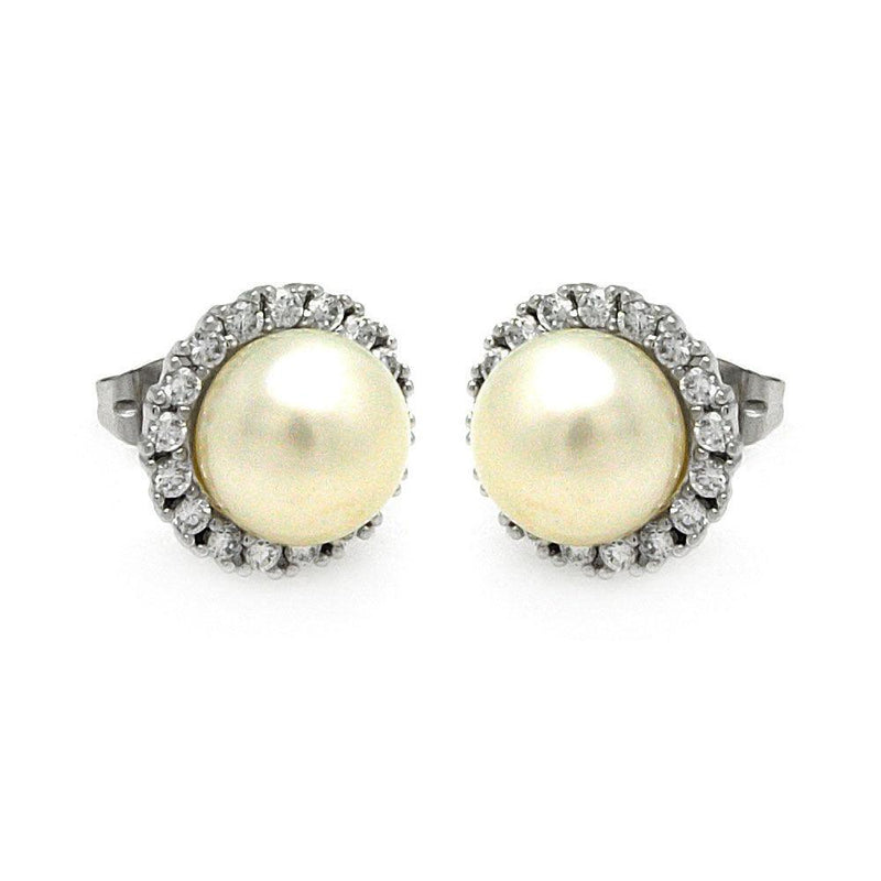 Silver 925 Rhodium Plated Round CZ Center Fresh Water Pearl Stud Earrings - BGE00253 | Silver Palace Inc.