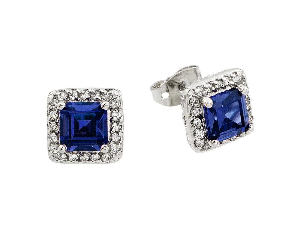 Silver 925 Rhodium Plated Blue Square CZ Stud Earrings - BGE00359B | Silver Palace Inc.