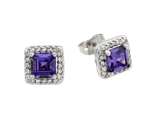 Silver 925 Rhodium Plated Purple Square CZ Stud Earrings - BGE00359P | Silver Palace Inc.