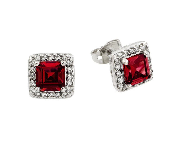 Silver 925 Rhodium Plated Red Square CZ Stud Earrings - BGE00359R | Silver Palace Inc.