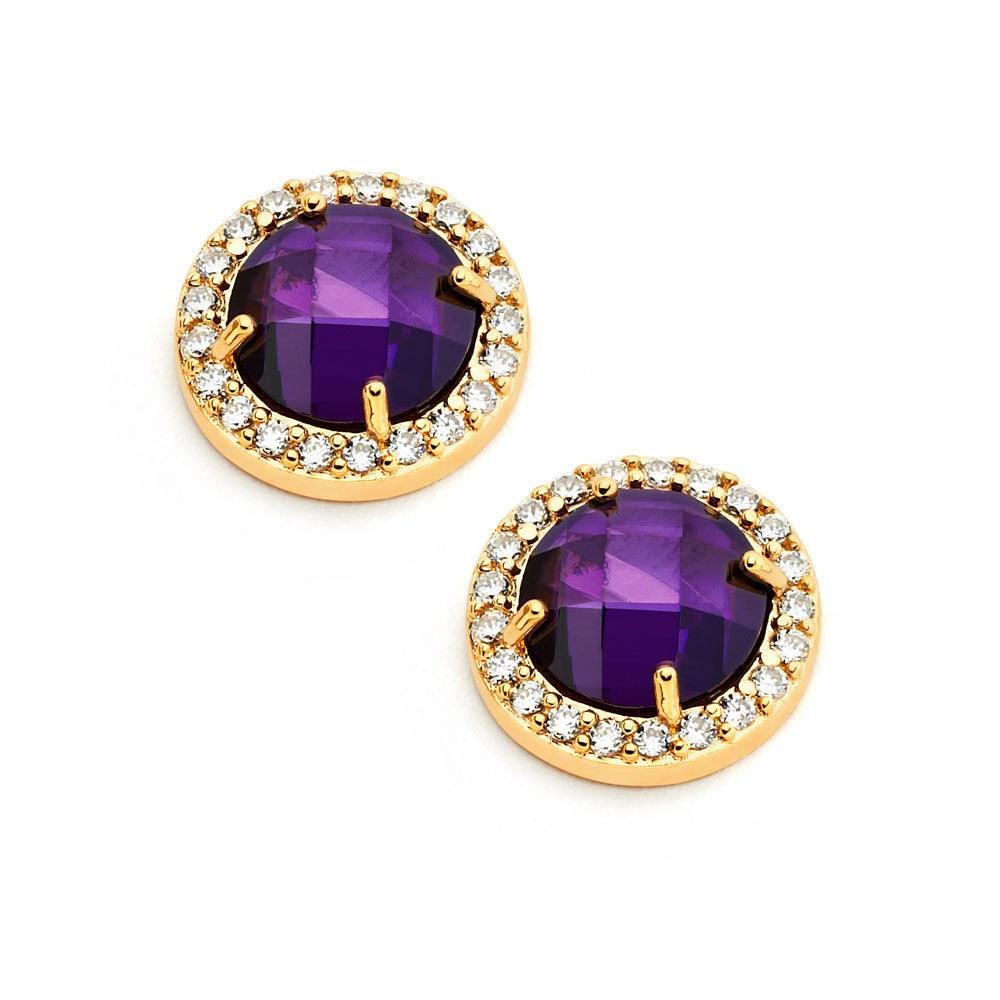 Silver 925 Gold Plated Channel Teardrop Purple CZ Dangling Stud Earrings - BGE00360P | Silver Palace Inc.