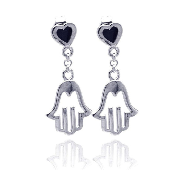 Silver 925 Rhodium Plated Black Heart CZ Open Hand Wire Dangling Earrings - STE00776 | Silver Palace Inc.