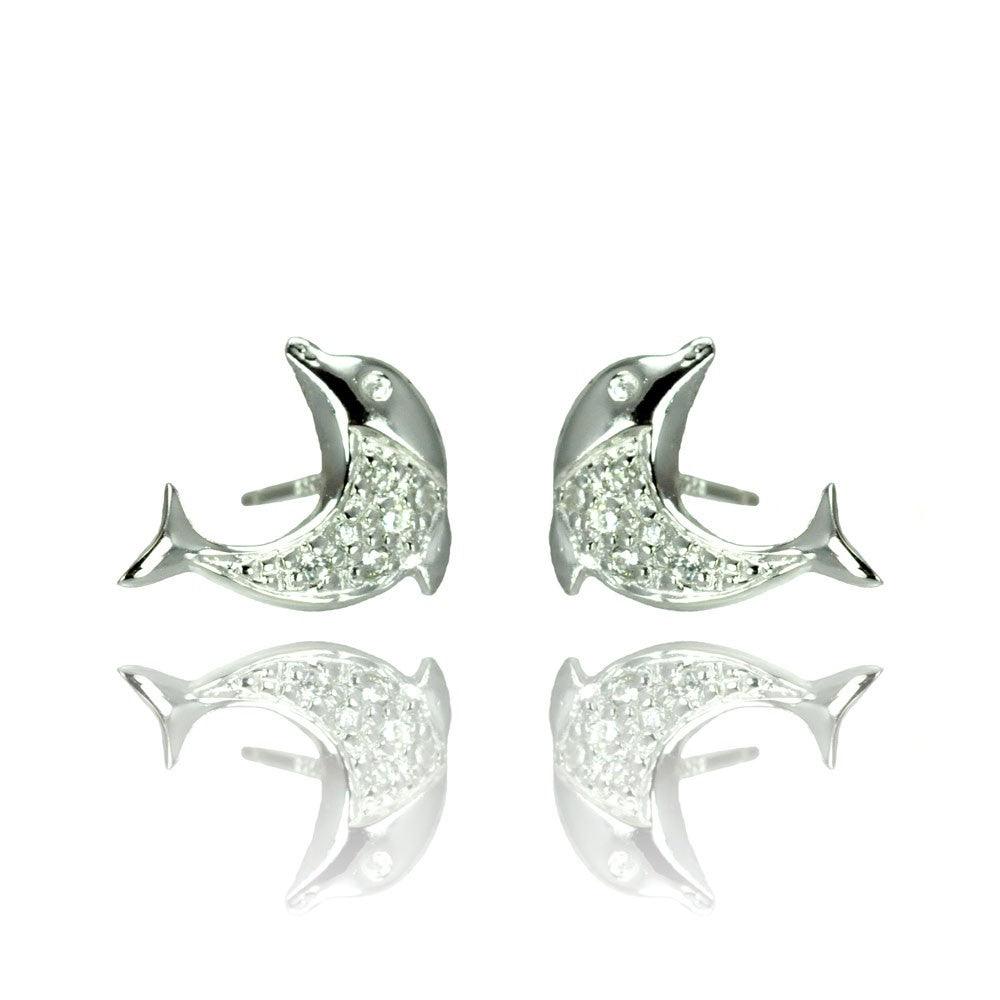 Silver 925 Rhodium Plated Dolphin CZ Stud Earrings - STE00905 | Silver Palace Inc.