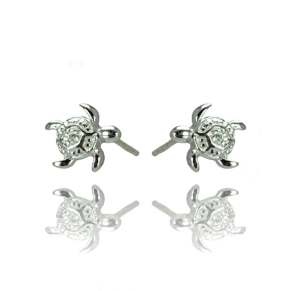Silver 925 Rhodium Plated Turtle CZ Stud Earrings - STE00907 | Silver Palace Inc.