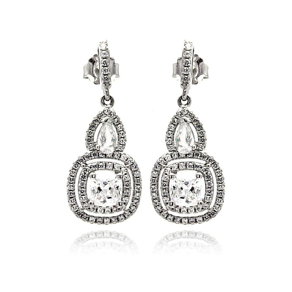 Silver 925 Rhodium Plated Micro Pave Clear Teardrop Square CZ Dangling Stud Earrings - ACE00076 | Silver Palace Inc.