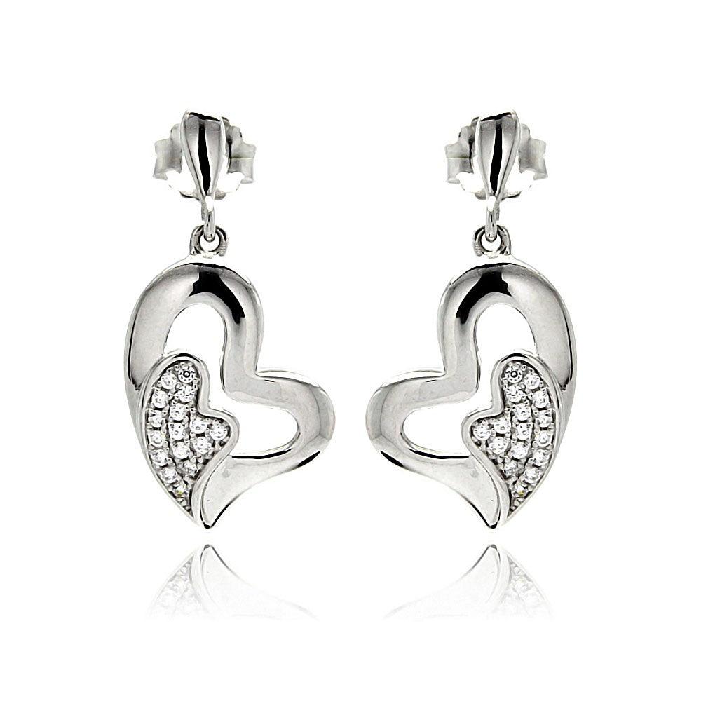 Silver 925 Rhodium Plated Micro Pave Clear Heart Inlay CZ Dangling Earrings - ACE00077 | Silver Palace Inc.
