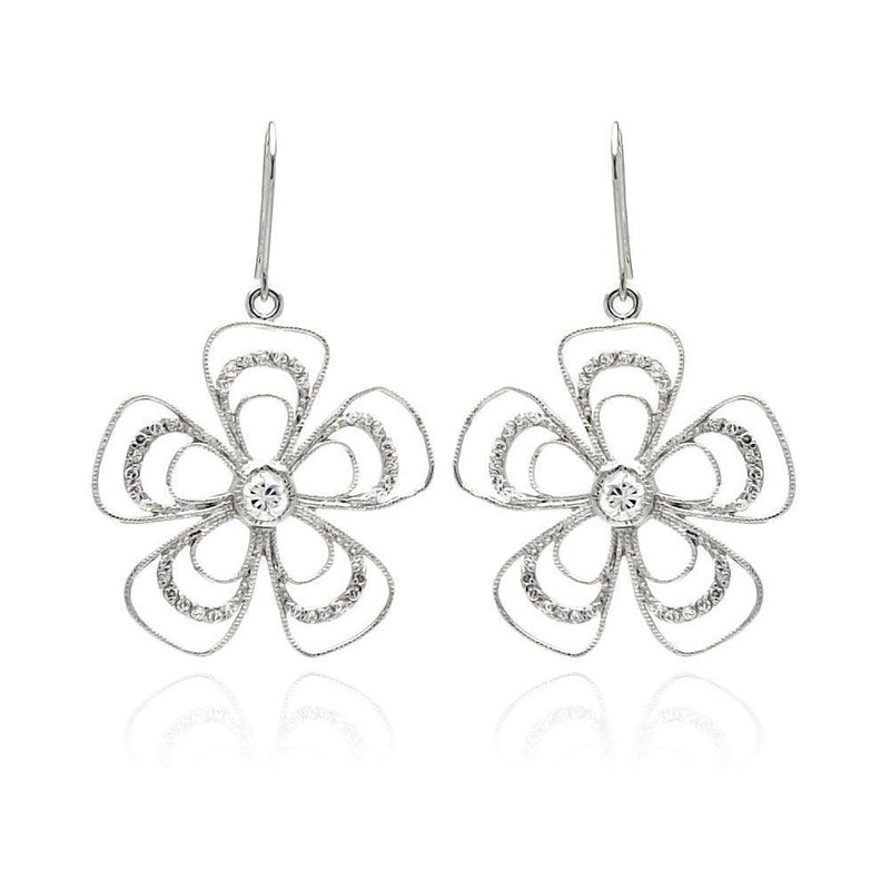 Closeout-Silver 925 Rhodium Plated Open Flower CZ Dangling Hook Earrings - BGE00232 | Silver Palace Inc.