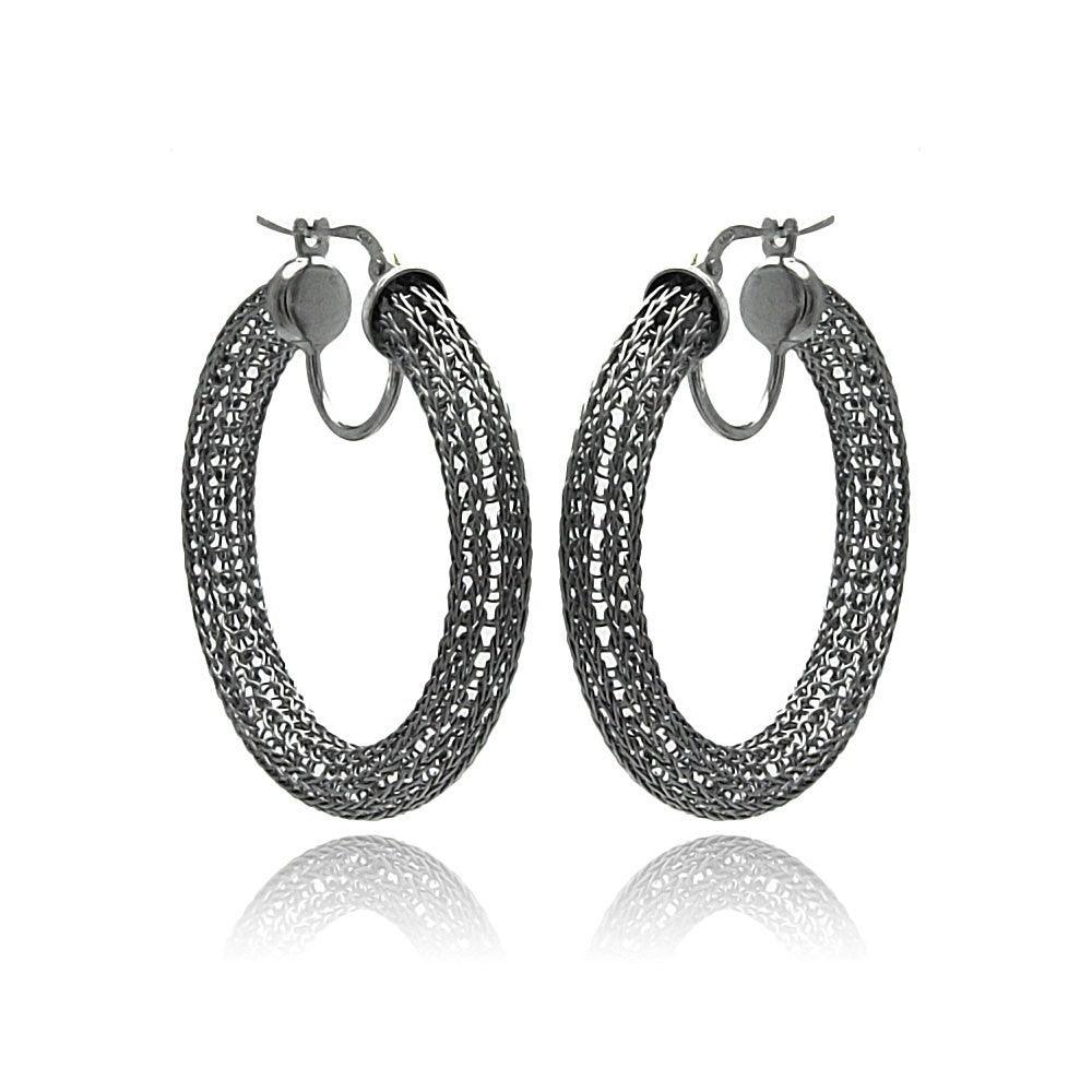 Closeout-Silver 925 Black Rhodium Mesh Plated Hoop Earrings - ITE00039BLK | Silver Palace Inc.