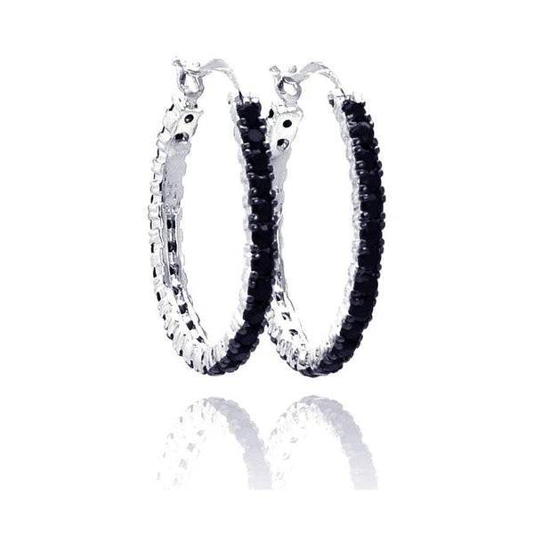 Silver 925 Black and Silver Rhodium Plated CZ Hoop Earrings - BGE00075 | Silver Palace Inc.