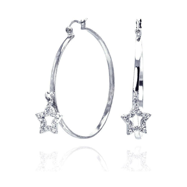 Closeout-Silver 925 Rhodium Plated Dangling Star CZ Hoop Earrings - STE00305 | Silver Palace Inc.