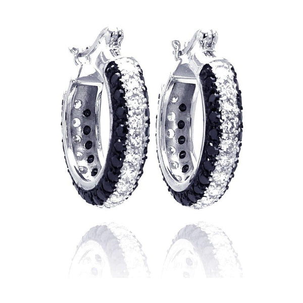 Closeout-Silver 925 Rhodium Plated Round Silver and Black CZ Hoop Earrings - STE00559 | Silver Palace Inc.