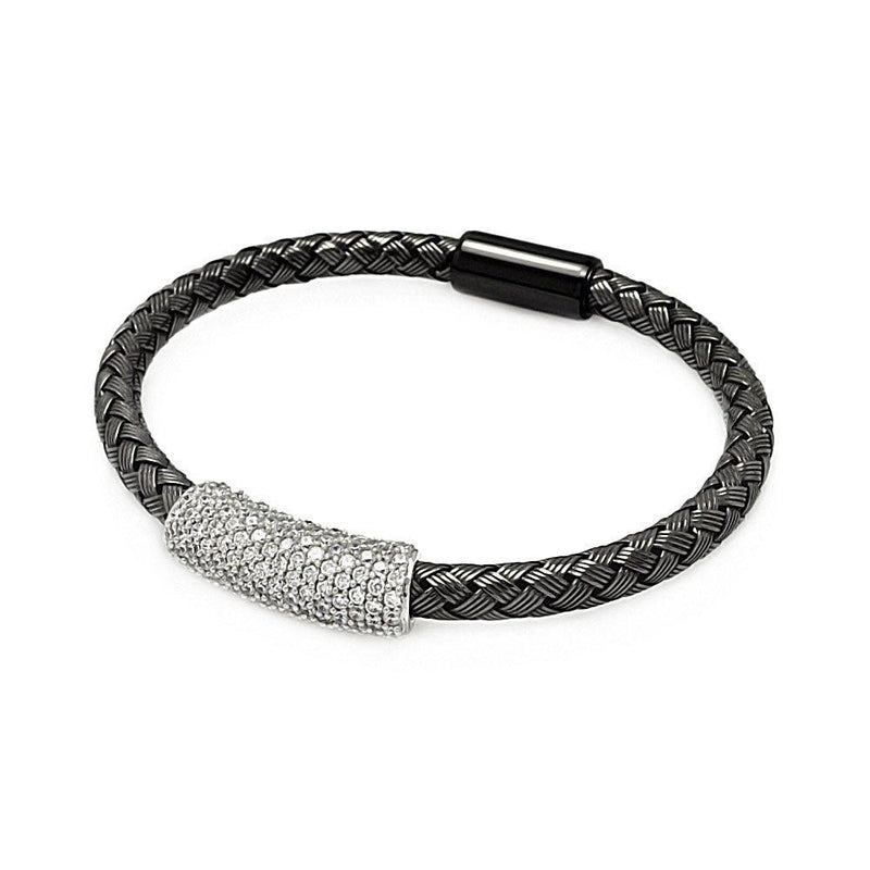 Closeout-Silver 925 Rhodium and Black Rhodium Plated Clear CZ Bar Braided Italian Bracelet - ITB00090BLK | Silver Palace Inc.
