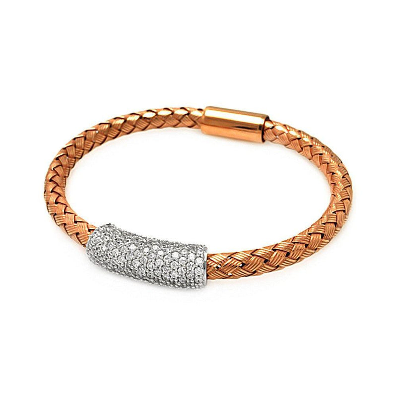 Closeout-Silver 925 Rhodium and Rose Gold Plated Clear CZ Bar Braided Italian Bracelet - ITB00090RGP | Silver Palace Inc.
