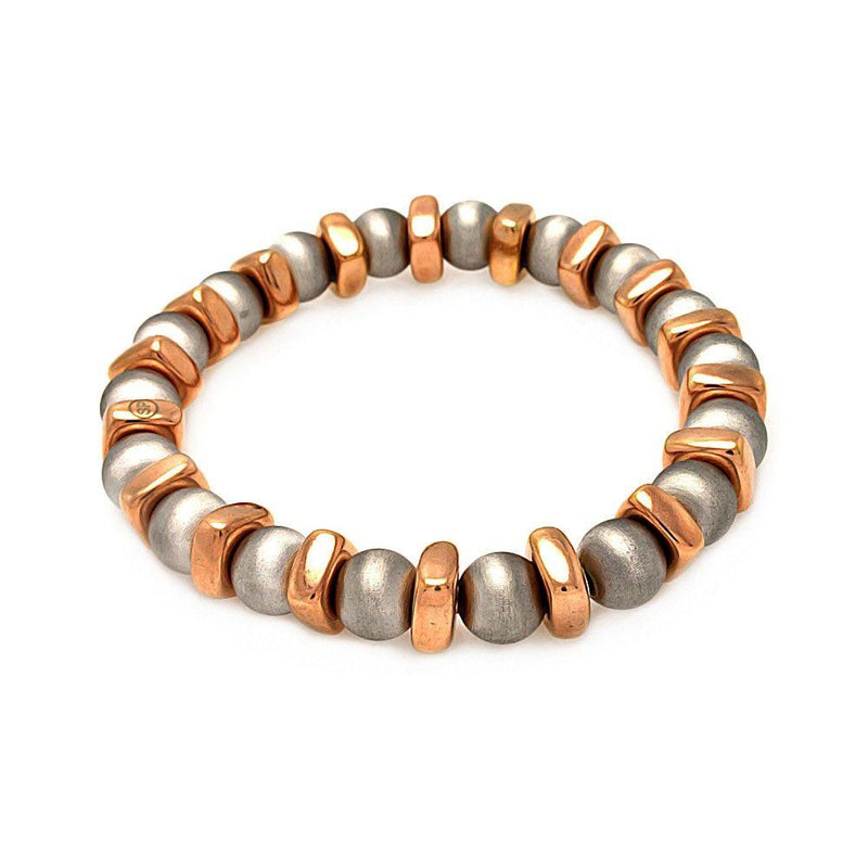 Closeout-Silver 925 Rhodium and Rose Gold Plated Stretchable Bar and Bead Italian Bracelet - ITB00093RGI | Silver Palace Inc.