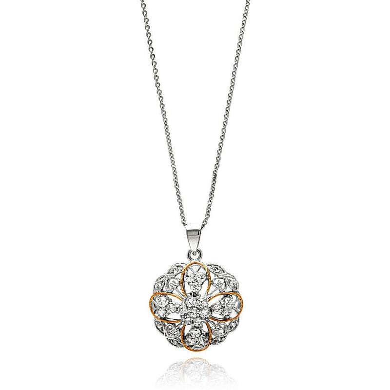Silver 925 Rhodium Plated Flower and Heart Design CZ Inlay Necklace - BGP00654 | Silver Palace Inc.