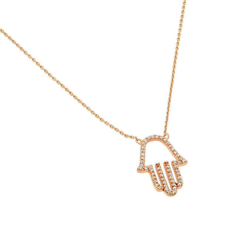 Silver 925 Rose Gold Plated Clear CZ Hamsa Pendant Necklace - STP01379RGP | Silver Palace Inc.