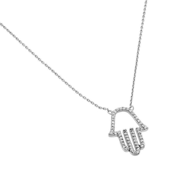 Silver 925 Rhodium Plated Clear CZ Hamsa Pendant Necklace - STP01379RH | Silver Palace Inc.