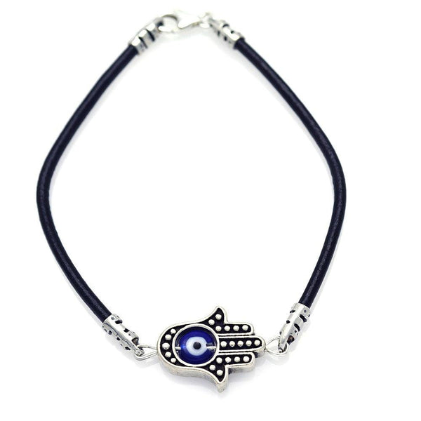 Closeout-Silver 925 Oxidized Blue Evil Eye Hamsa Hand on a Leather Bracelet - OXB00008 | Silver Palace Inc.