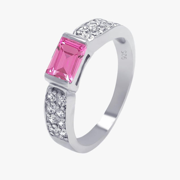 Silver 925 Rhodium Plated Pink Rectangular Center Pave CZ Ring - AAR0002PINK | Silver Palace Inc.