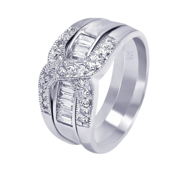 Silver 925 Rhodium Plated Clear Baguette CZ Overlap Ring - AAR0006 | Silver Palace Inc.