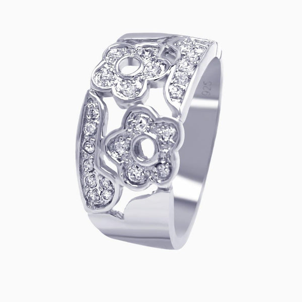 Silver 925 Rhodium Plated Pave Clear CZ Flower Ring - AAR0027 | Silver Palace Inc.