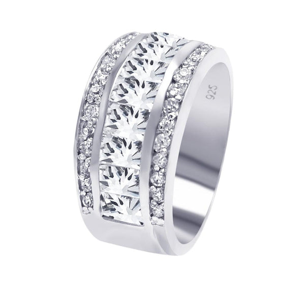 Silver 925 Rhodium Plated Half Channel Clear Baguette Round CZ Ring - AAR0042 | Silver Palace Inc.