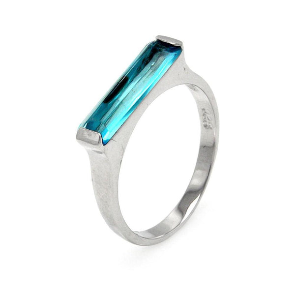 Closeout-Silver 925 Rhodium Plated Long Blue CZ Bar Ring - BGR00003AQU | Silver Palace Inc.