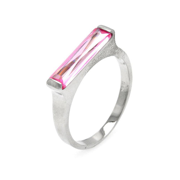 Silver 925 Rhodium Plated Long Pink CZ Bar Ring - BGR00003PNK | Silver Palace Inc.
