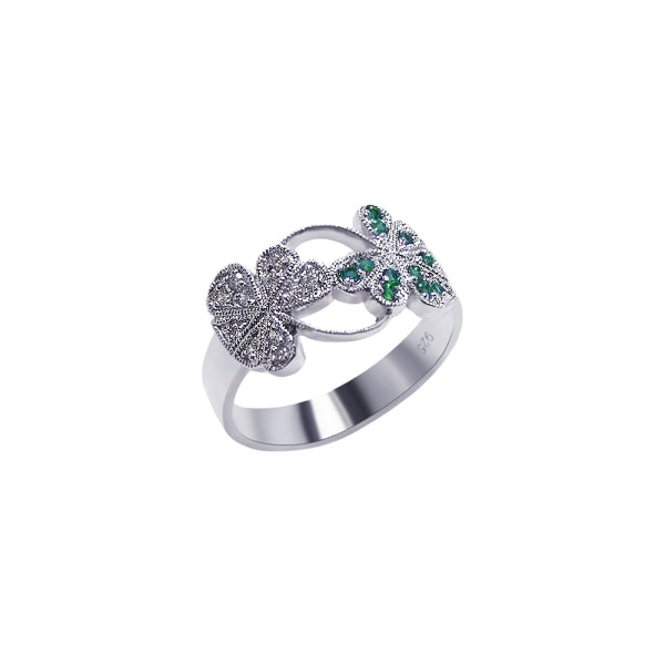 Closeout-Silver 925 Rhodium Plated Green and Clear CZ Clover Ring - BGR00029 | Silver Palace Inc.