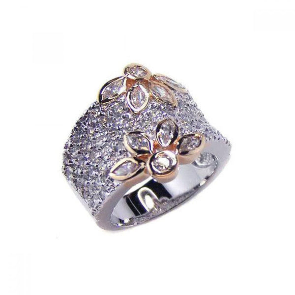 Closeout-Silver 925 Rhodium and Gold Plated Clear Pave Set CZ Flower Ring - BGR00041 | Silver Palace Inc.