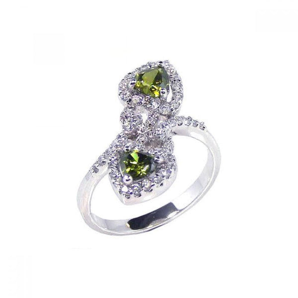 Closeout-Silver 925 Rhodium Plated Green and Clear CZ Double Heart Ring - BGR00053 | Silver Palace Inc.