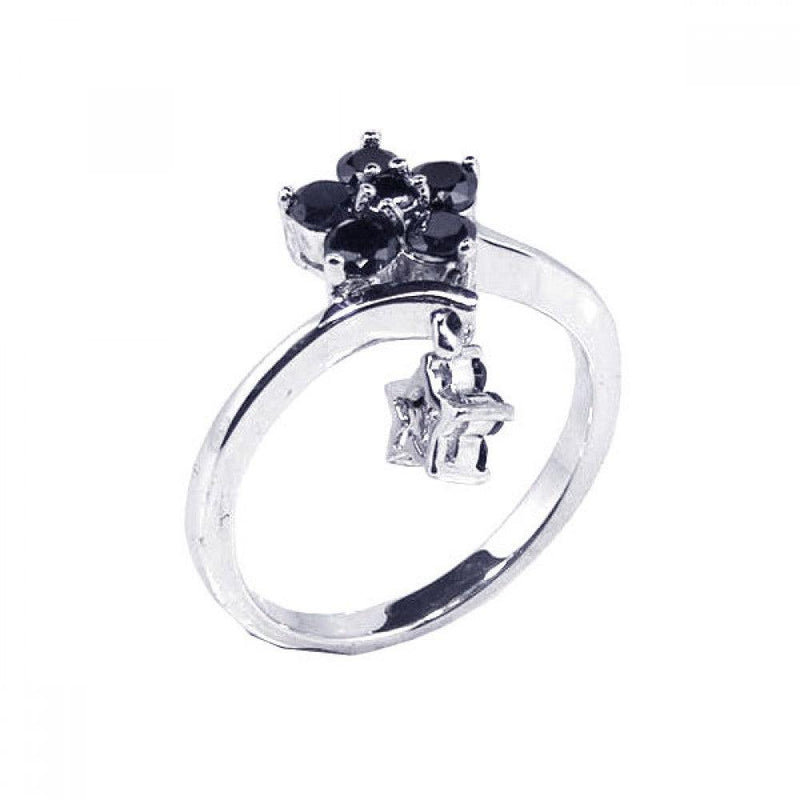 Closeout-Silver 925 Rhodium Plated Black CZ Dangling Flower Ring - BGR00054 | Silver Palace Inc.