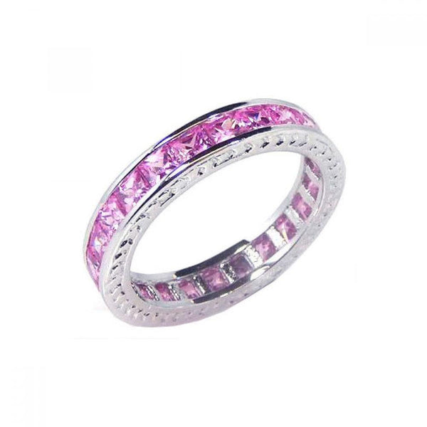 Silver 925 Rhodium Plated Channel Set Pink Square CZ Eternity Ring - BGR00056 | Silver Palace Inc.