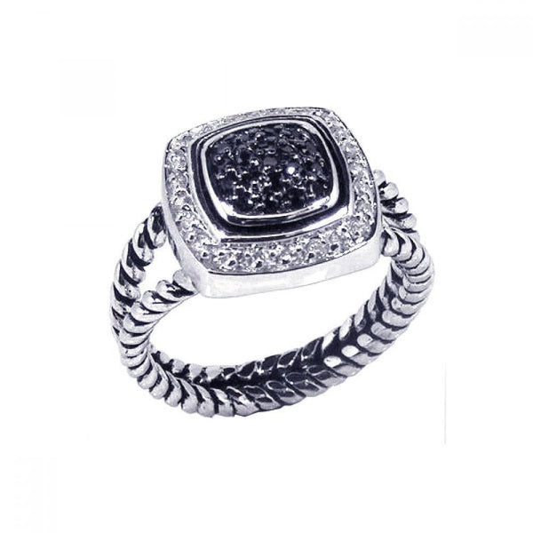 Closeout-Silver 925 Black Rhodium Plated Clear Black CZ Rope Square Ring - BGR00059 | Silver Palace Inc.