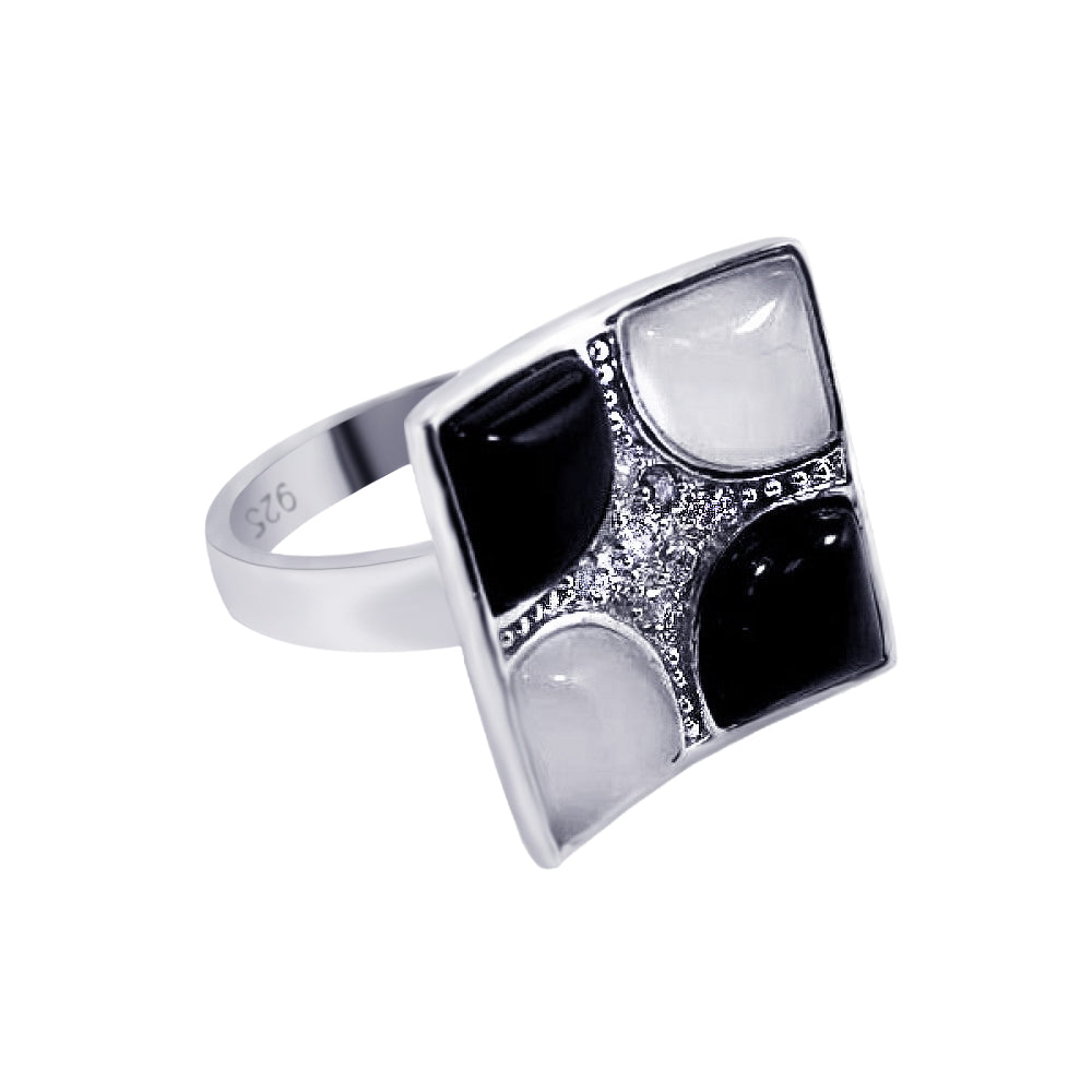 Closeout-Silver 925 Rhodium Plated Black White Stone Clear Pave Set CZ  Square Ring - BGR00072