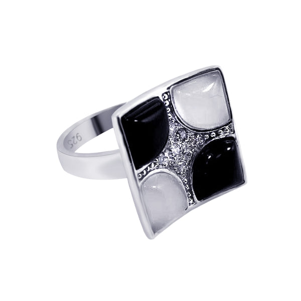 Closeout-Silver 925 Rhodium Plated Black White Stone Clear Pave Set CZ Square Ring - BGR00072 | Silver Palace Inc.