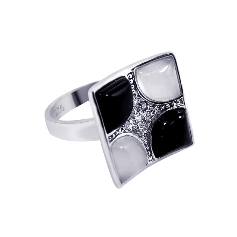 Closeout-Silver 925 Rhodium Plated Black White Stone Clear Pave Set CZ Square Ring - BGR00072 | Silver Palace Inc.