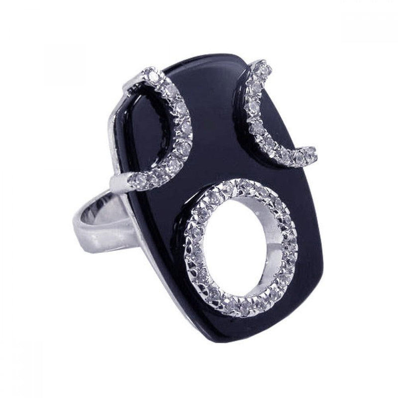 Closeout-Silver 925 Rhodium Plated Black Onyx Clear CZ Open Circle Ring - BGR00076 | Silver Palace Inc.
