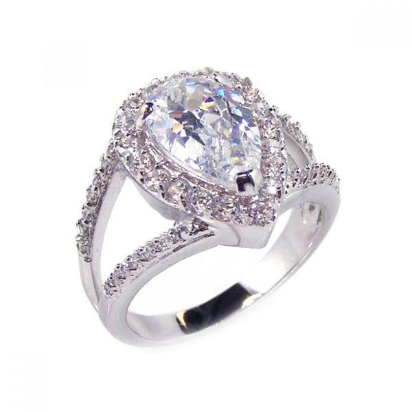 Silver 925 Rhodium Plated Clear Tear Shape CZ Bridal Antique Ring - BGR00084 | Silver Palace Inc.