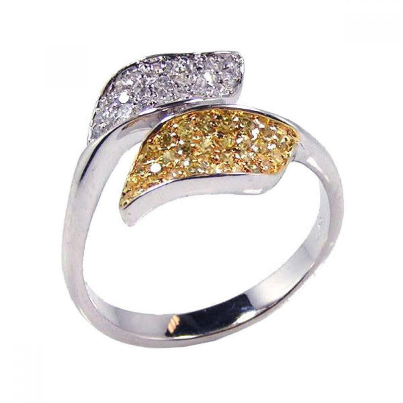 Closeout-Silver 925 Rhodium and Gold Plated Yellow and Clear CZ Leaf Ring - BGR00085 | Silver Palace Inc.