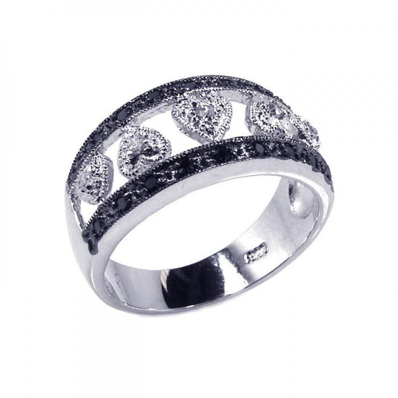 Closeout-Silver 925 Rhodium Plated Half Black Clear CZ Heart Ring - BGR00097 | Silver Palace Inc.