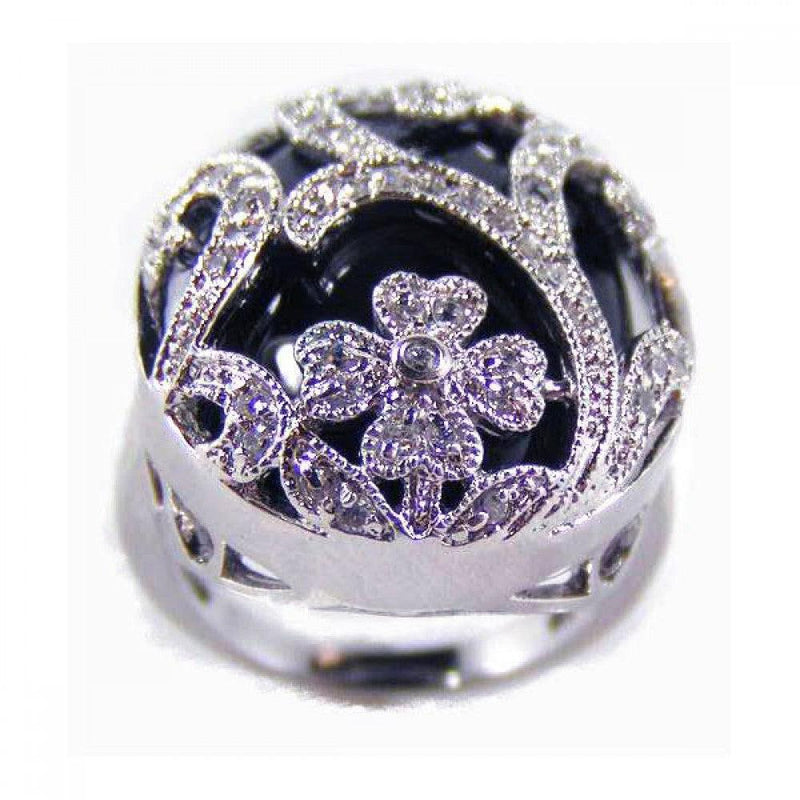 Closeout-Silver 925 Rhodium Plated Black Onyx Clear CZ Flower Ring - BGR00119 | Silver Palace Inc.