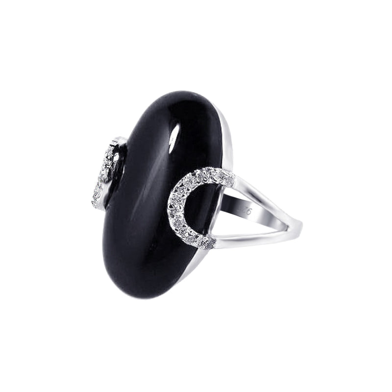 Closeout-Silver 925 Rhodium Plated Black Onyx Clear CZ Oval Ring - BGR00129 | Silver Palace Inc.