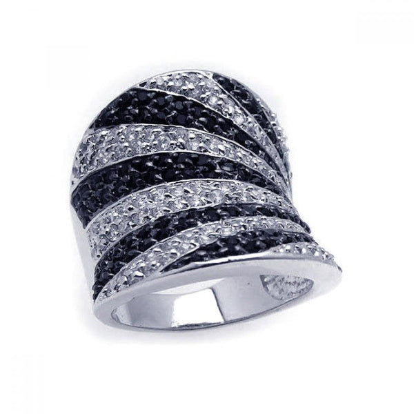 Closeout-Silver 925 Rhodium and Black Rhodium Plated Clear and Black CZ Wide Stripes Ring - BGR00135 | Silver Palace Inc.